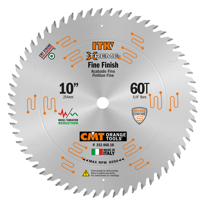 CMT ITK Xtreme Orange Chrome Thin Kerf 10" Fine Finish Crosscut Blade, 60 Teeth, Alternate Top Bevel (ATB) 0.102” Kerf  252.060.10