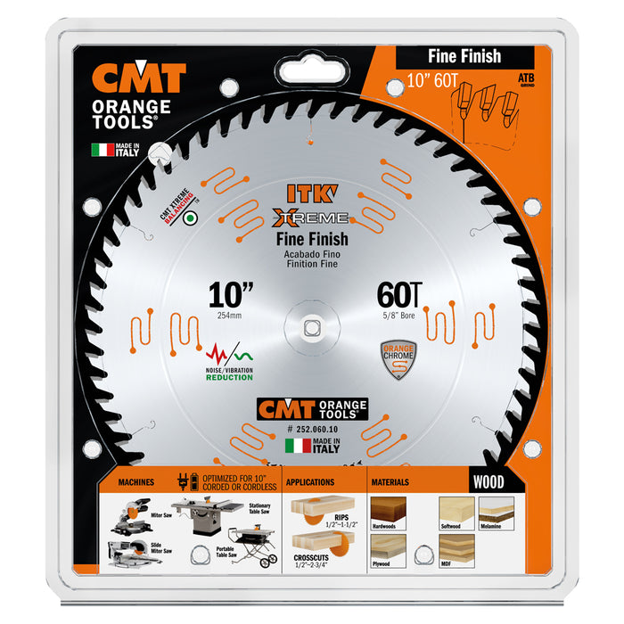 CMT ITK Xtreme Orange Chrome Thin Kerf 10" Fine Finish Crosscut Blade, 60 Teeth, Alternate Top Bevel (ATB) 0.102” Kerf  252.060.10