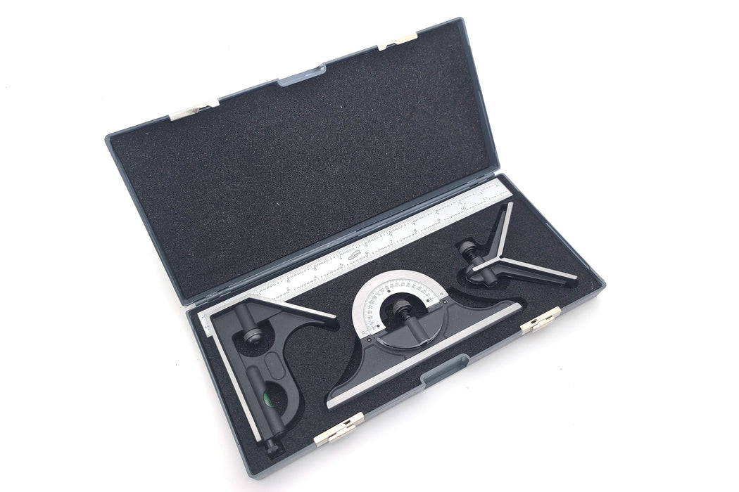 iGaging 12" 4 Piece Combination Square with Center and Protractor Heads with E/M Graduations in 1/8", 1/16", .5mm and mm.