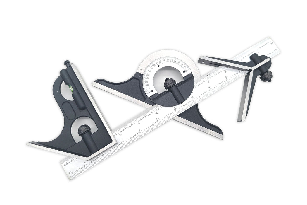 iGaging 12" 4 Piece Combination Square with Center and Protractor Heads with 4R Graduations in 1/8", 1/16", 1/32" and 1/64"