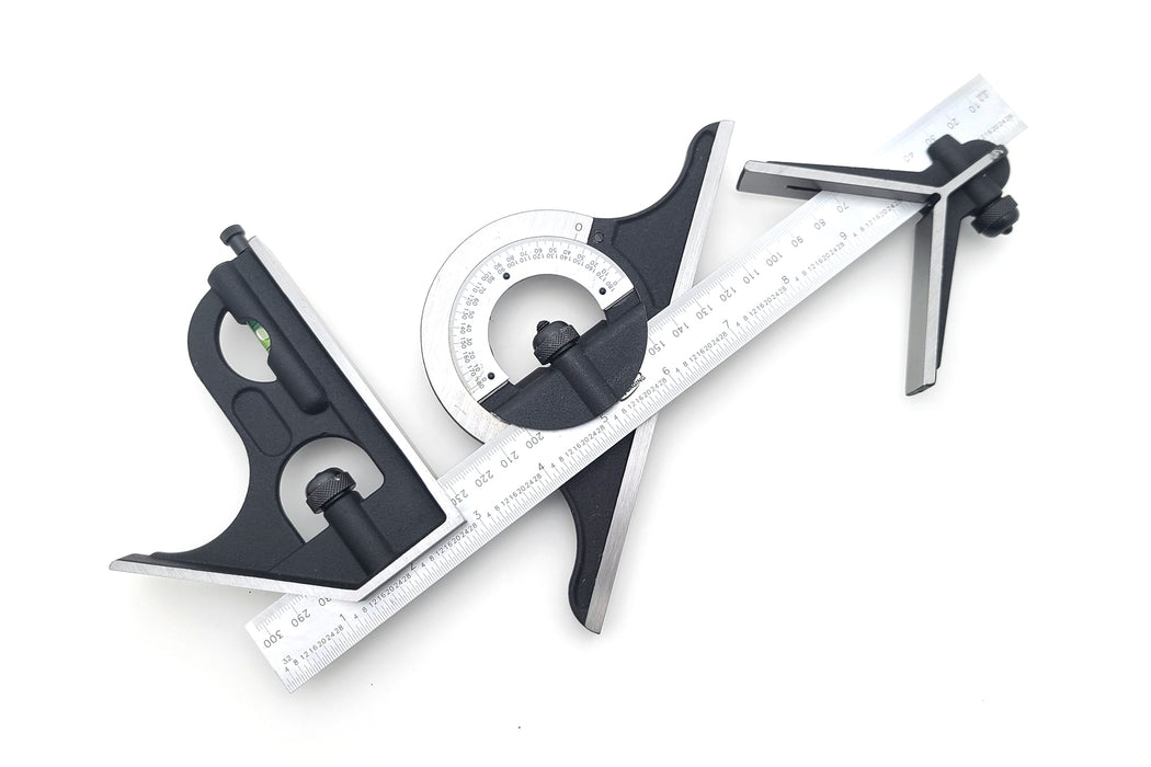 iGaging 12" 4 Piece Combination Square with Center and Protractor Heads with E/M Graduations in 1/8", 1/16", .5mm and mm.