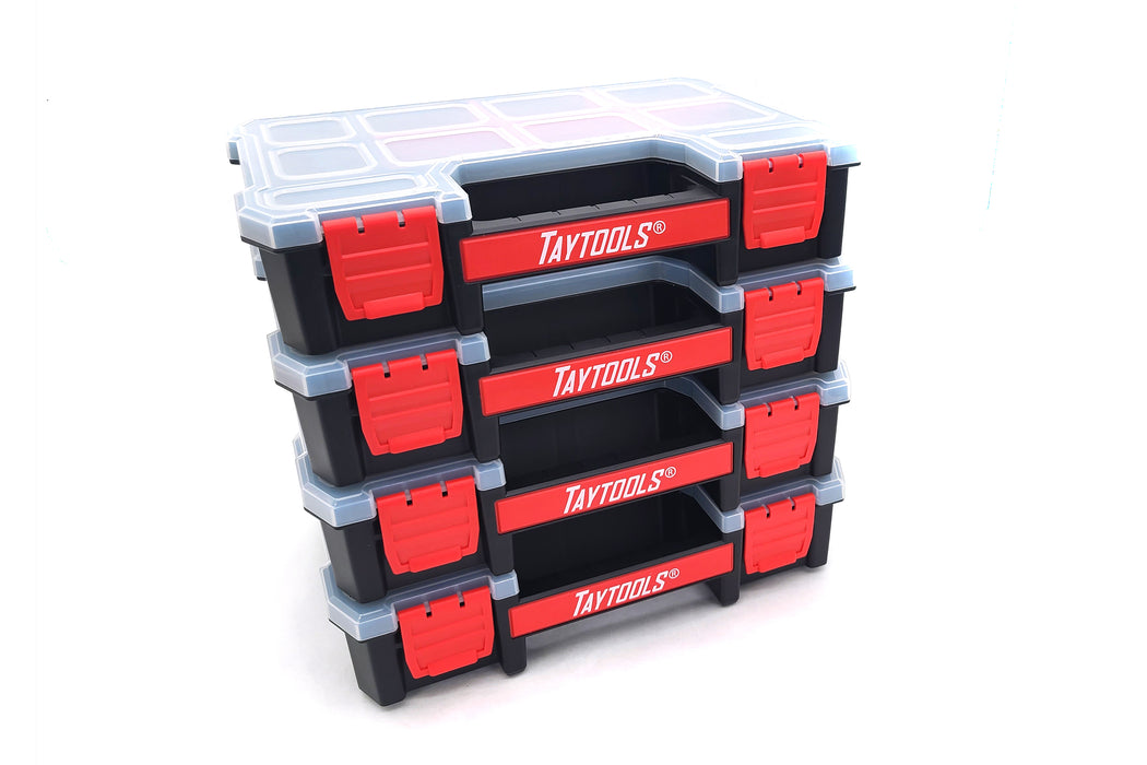 4 Pack Small 10 Compartment Portable Small Parts Organizers 11-3/8” x 8-3/4” x 2-1/2” Four Latches with Removable Dividers