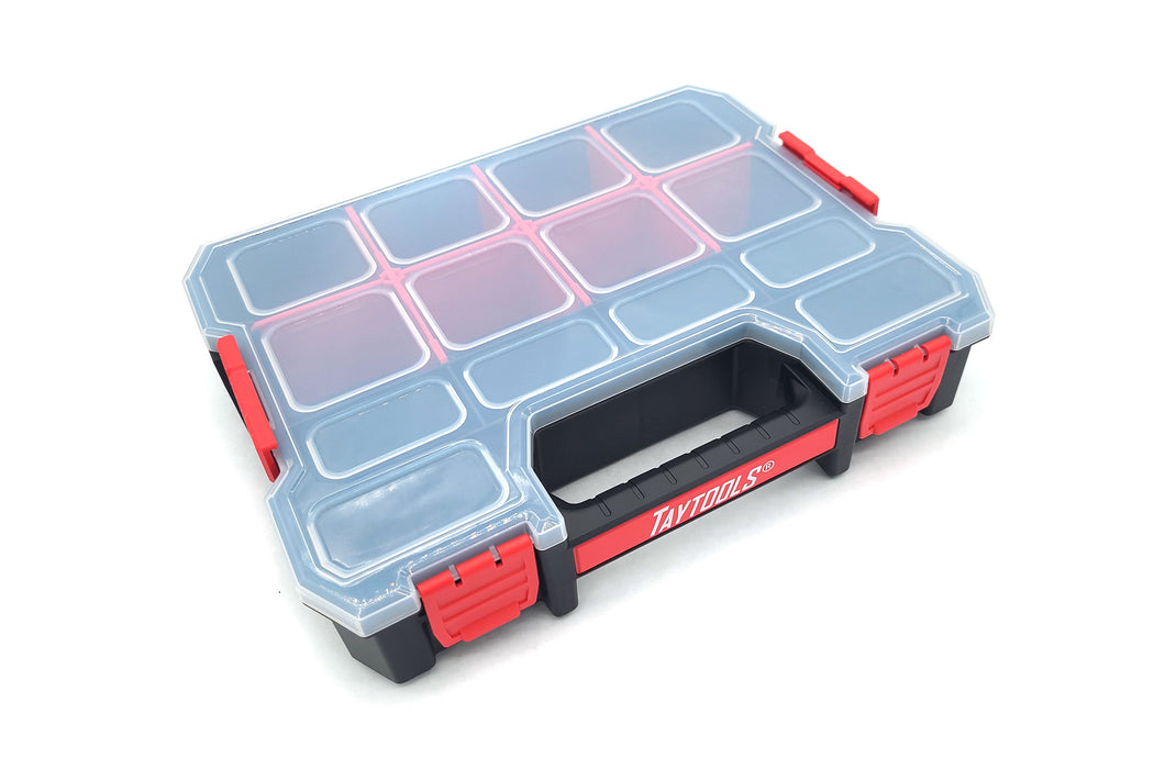 2 Pack Medium 14 Compartment Portable Small Parts Organizers 12-5/8" x 10-3/8" x 2-1/2" Four Latches with Removable Dividers