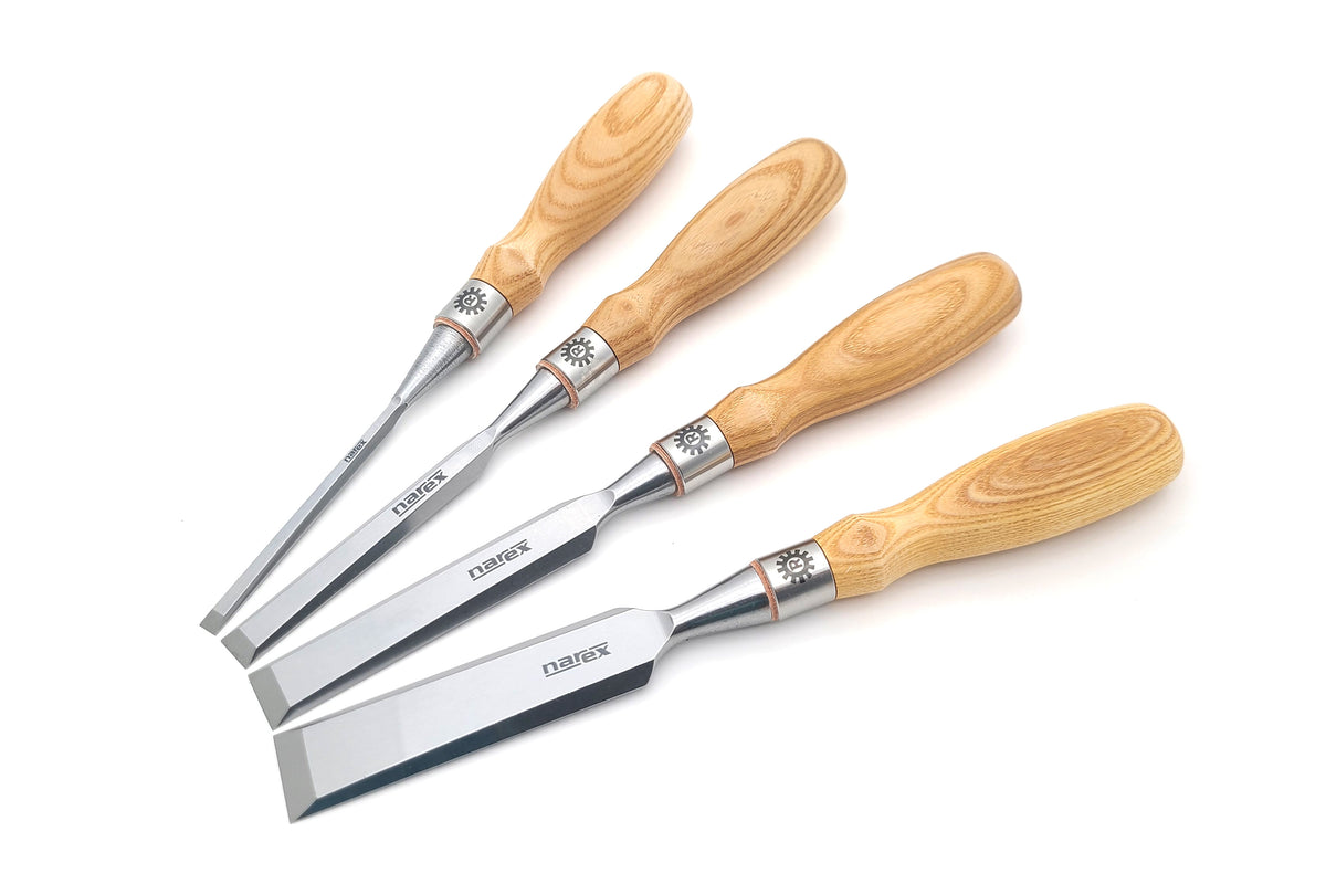 Narex 853654 4 Piece Set of Richter Extra Bevel Edge Chisel (1/4, 1/2, 3/4 and 1 inch) Cryogenic Treated CR-V Steel Hardened to HRC 62 Ergonomic Ash