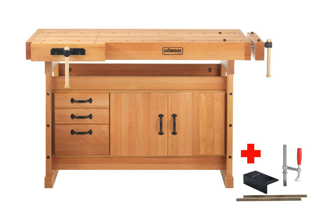 Sjöbergs European Beech Scandi 1425 Workbench with Storage Cabinet and Accessory Kit 57" x 27" x 1-1/2" Thick Top (DCE)