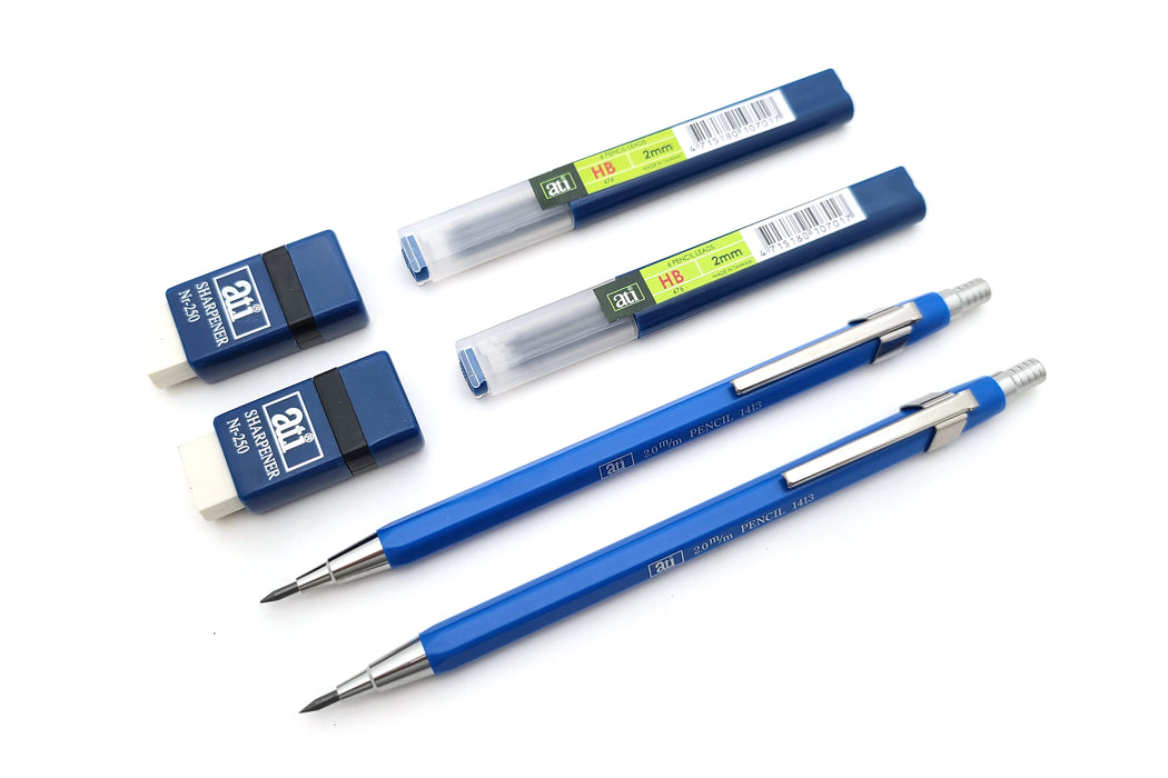 2 each 2.0mm Mechanical Pencils, 12 each HB Leads, Pointer/Sharpener