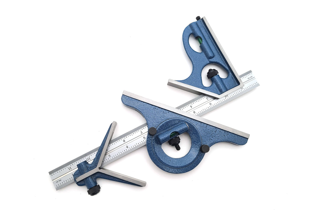 PEC Tools 12" 16R 4 Piece Combination Square with Center Finder, Protractor (1/100th, 1/50th, 1/32nd, 1/64th Graduations)