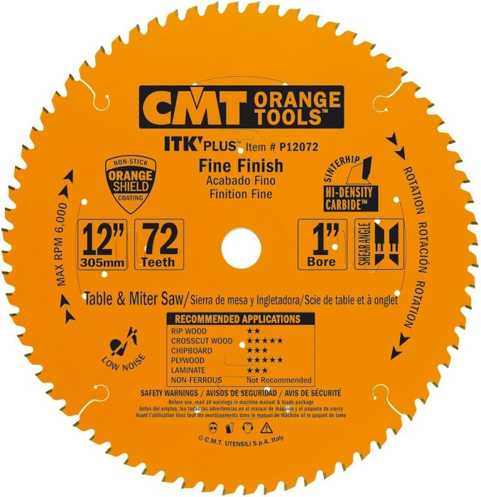 CMT ITK PLUS 12" Fine Finish Saw Blade, 72 Teeth, 1" Arbor, Alternate Top Bevel (ATB) Grind with Shear 0.102" Kerf P12072