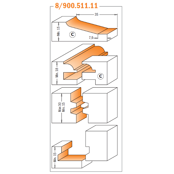 CMT 3 Piece Small Arch Door Carbide Tipped Router Bit Set