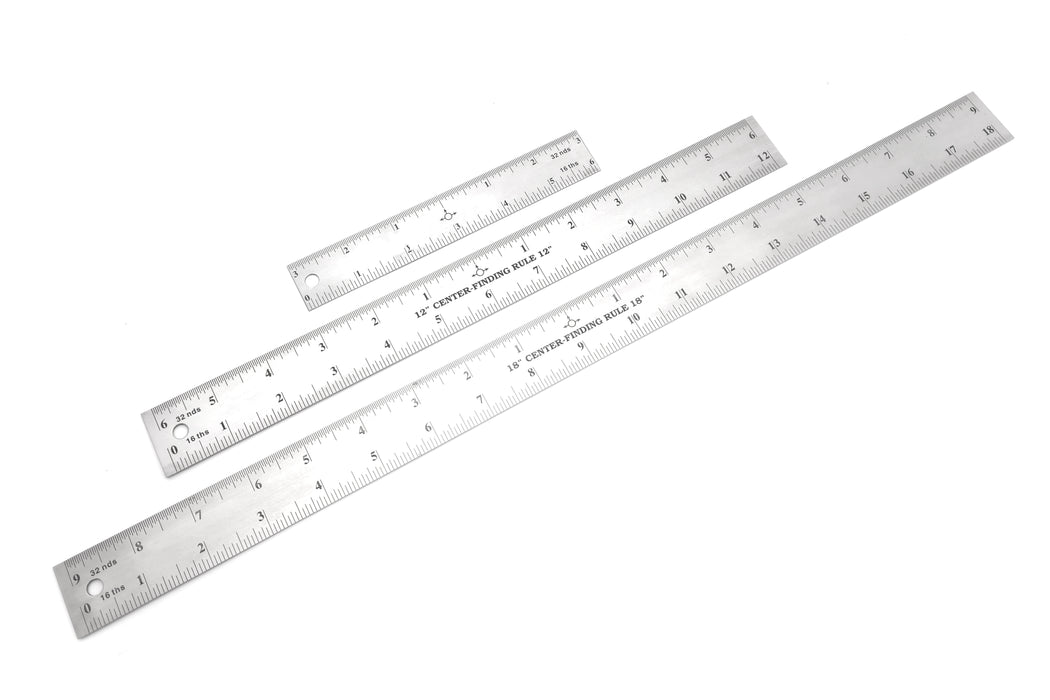 3 Piece Stainless Steel Center-Finding Ruler Set– 6", 12", & 18" with 1/16" & 1/32" Graduations