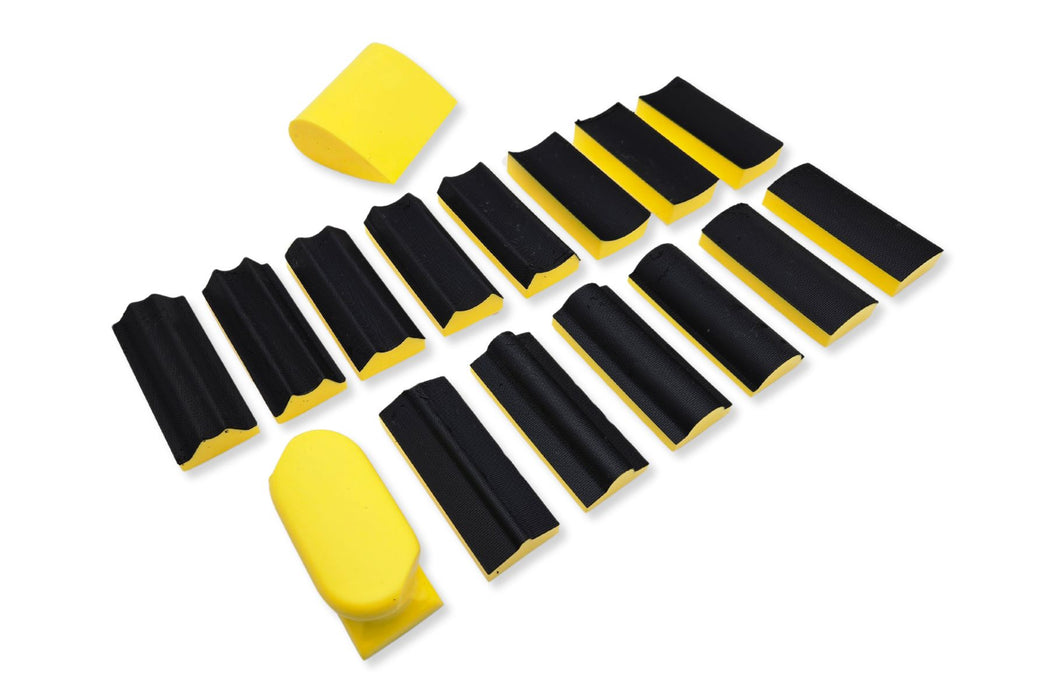 16 Piece Contoured Profile Hand Sanding Block Set with Assorted Convex & Concave Shapes