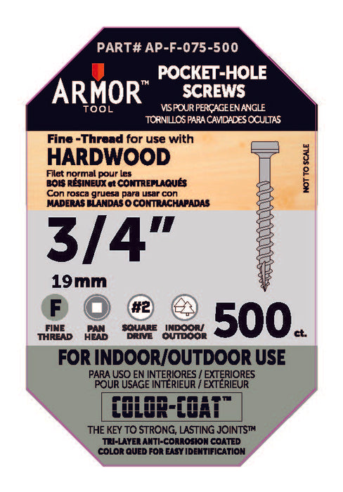 Armor Color-Coated Pocket Hole Screws (Fine & Coarse - 3/4", 1", 1-1/4", 1-1/2", 2",2-1/2")