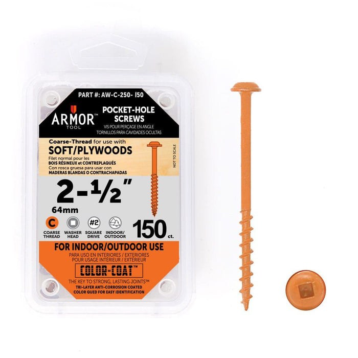 Armor Color-Coated Pocket Hole Screws (Fine & Coarse - 3/4", 1", 1-1/4", 1-1/2", 2",2-1/2")