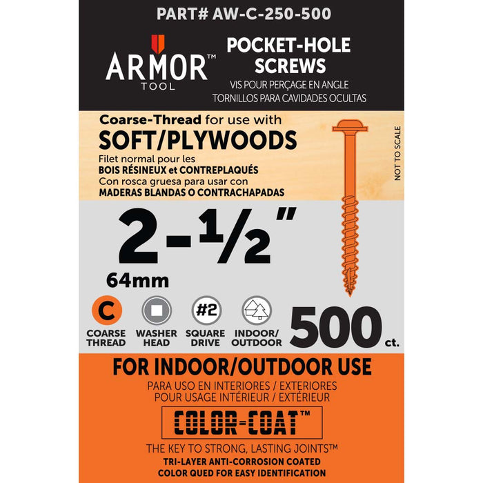 Armor Color-Coated Pocket Hole Screws (Fine & Coarse - 3/4", 1", 1-1/4", 1-1/2", 2",2-1/2")