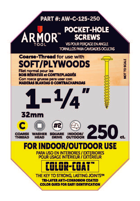 Armor Color-Coated Pocket Hole Screws (Fine & Coarse - 3/4", 1", 1-1/4", 1-1/2", 2",2-1/2")