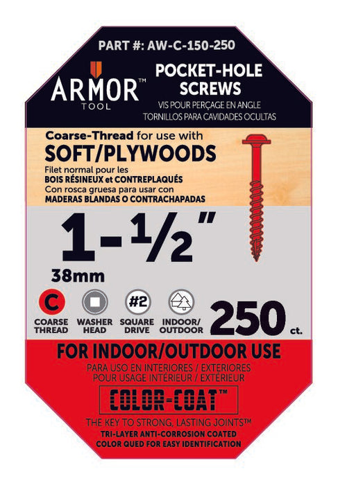 Armor Color-Coated Pocket Hole Screws (Fine & Coarse - 3/4", 1", 1-1/4", 1-1/2", 2",2-1/2")