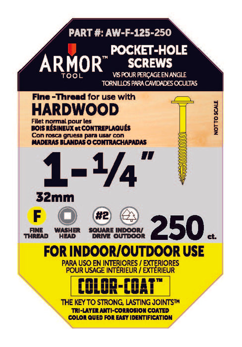 Armor Color-Coated Pocket Hole Screws (Fine & Coarse - 3/4", 1", 1-1/4", 1-1/2", 2",2-1/2")