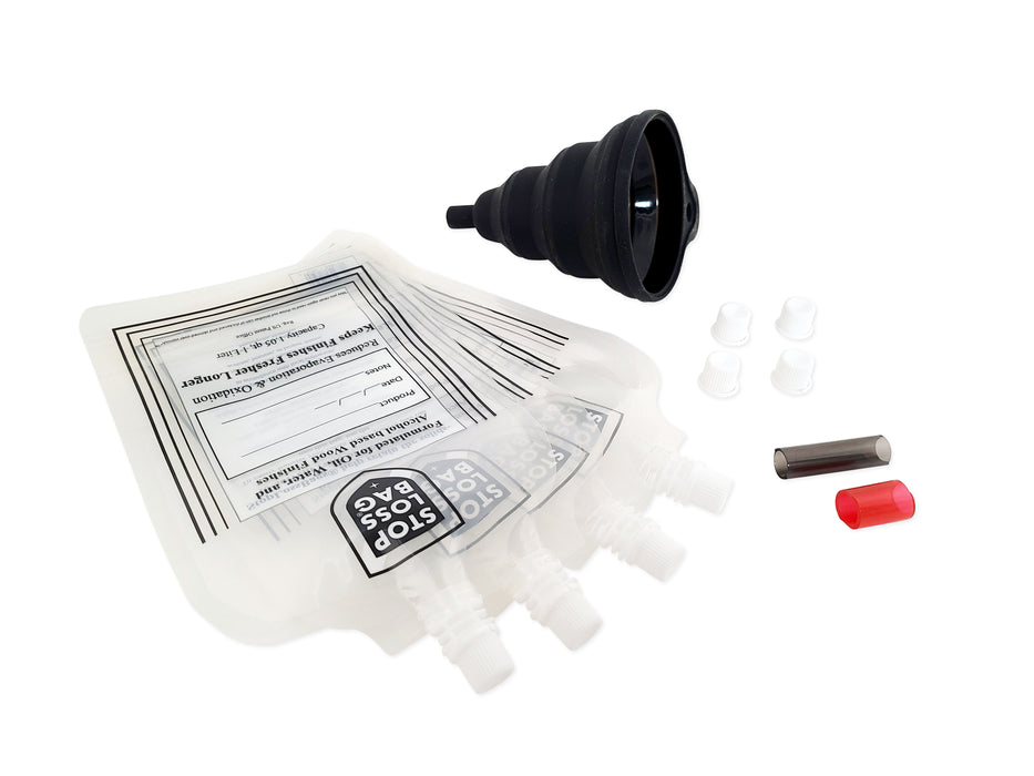 StopLossBags Starter Set with 4 Bags, Tube Filler Set, Collapsible Funnel and 4 Extra Caps
