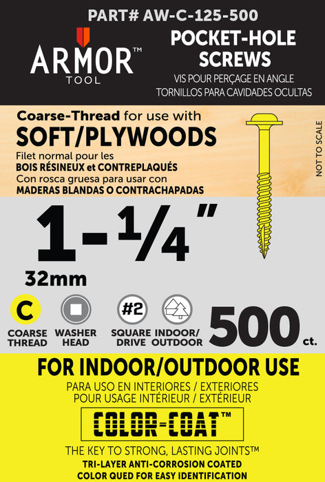 Armor Color-Coated Pocket Hole Screws (Fine & Coarse - 3/4", 1", 1-1/4", 1-1/2", 2",2-1/2")