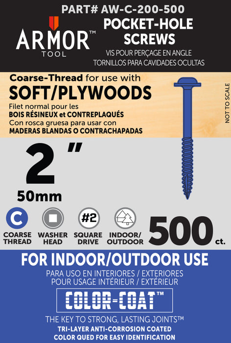 Armor Color-Coated Pocket Hole Screws (Fine & Coarse - 3/4", 1", 1-1/4", 1-1/2", 2",2-1/2")