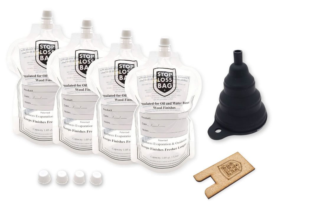 StopLossBags Starter Set with 4 Bags, Collapsible Funnel, 4 Extra Caps and Filler Clip