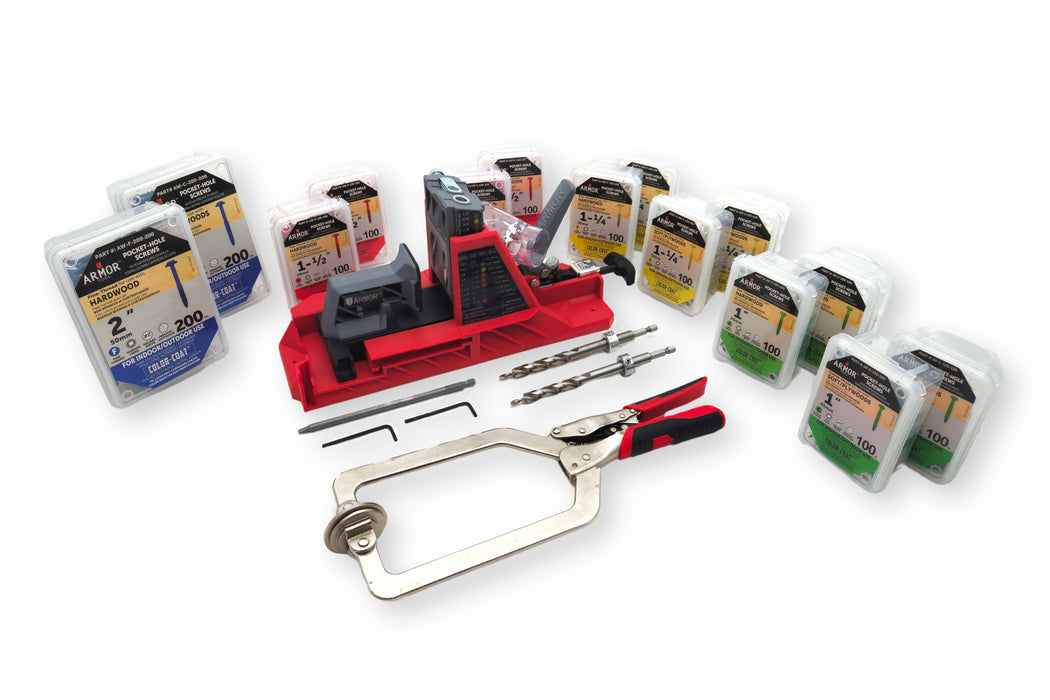 Armor Tool Master Kit: Auto-Jig Pocket Hole Jig with 1650 Color-Coated Screws, 6” Auto-Adjust Clamp, 2 Stepped Drill Bits, and 6” Square Driver