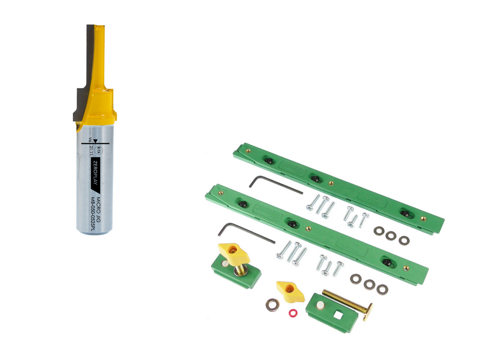 Microjig (ZP750-B2S2) ZEROPLAY Miter Bars & (MB-050-0525PL) ZEROPLAY 2-Step Plunge Bit (1/2" Shank)