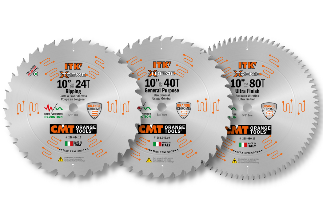 Set of 3 CMT ITK Xtreme Orange Chrome 10" Thin Kerf Blades - General Purpose, Ultra Finish Crosscut, and Rip