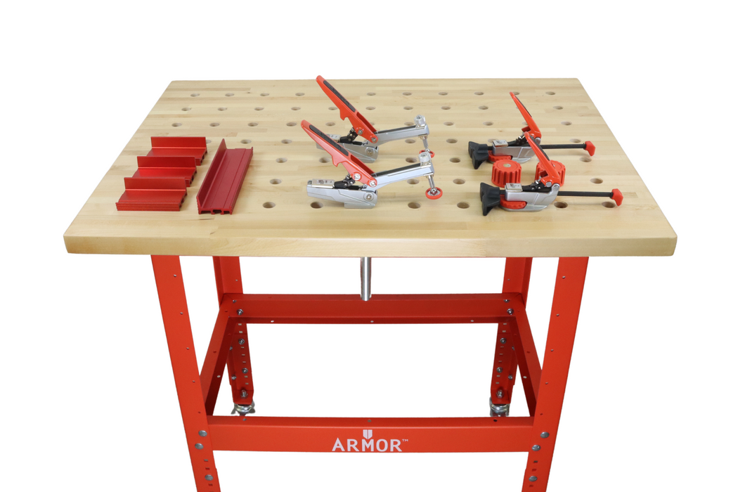 Armor Ultimate Package Medium Workbench - Includes Hard Maple Top (36" x 25" x 1.5"), Heavy-Duty 1/8" Steel Table Stand, & Clamping Accessories (DCE)