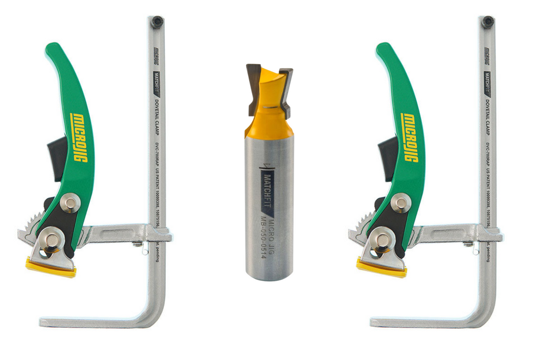 Microjig (DVC-700RAP) Matchfit Dovetail Rachet Clamp & (MB-050-0514) Matchfit Clamp 1/2" Shank 14 Degree Router Bit