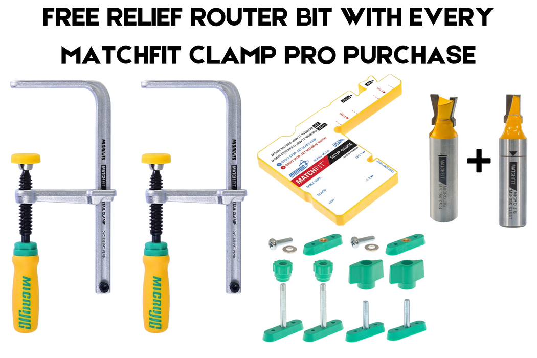 Microjig MATCHFIT Dovetail Clamp Pro and Relief Router Bit (1/4" or 1/2" Shank)