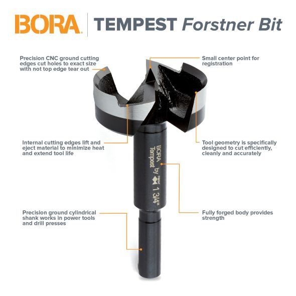 BORA Tempest™ Forstner Bit 4 Piece Set in Clamshell, 1/4", 1/2", 3/4" & 1"