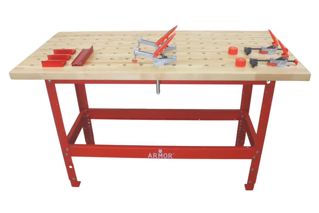 Armor Ultimate Package Large Work Bench - Includes Hard Maple Top (54" x 25" x 1.5"), Heavy-Duty 1/8" Steel Table Stand, & Clamping Accessories