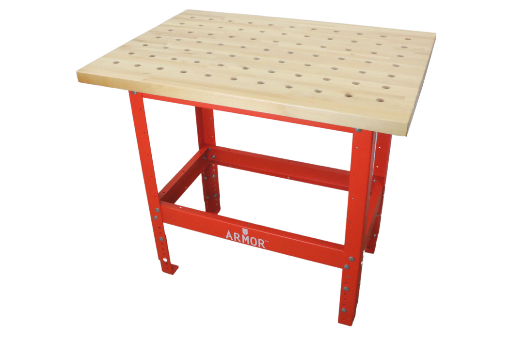 Armor Workbench Package Hard Maple Butcher Block Top with 3/4" Dog Holes (36" x 25" x 1.5") and Heavy-Duty 1/8" Steel Powder Coated Table Stand (17" x 29" x 32")