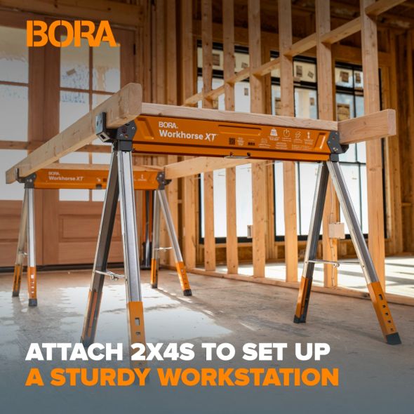 BORA PM-3360T Workhorse XT 2-Pack Adjustable Leg Knockdown Sawhorse, 1350-lb Weight Capacity