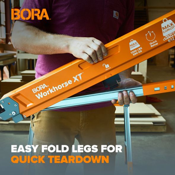 BORA PM-3360T Workhorse XT 2-Pack Adjustable Leg Knockdown Sawhorse, 1350-lb Weight Capacity