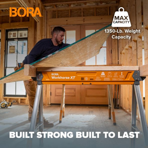 BORA PM-3360T Workhorse XT 2-Pack Adjustable Leg Knockdown Sawhorse, 1350-lb Weight Capacity