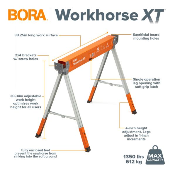 BORA PM-3360T Workhorse XT 2-Pack Adjustable Leg Knockdown Sawhorse, 1350-lb Weight Capacity