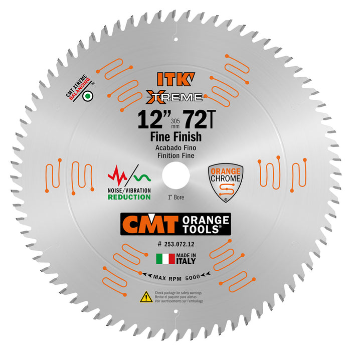 CMT ITK Xtreme Orange Chrome Thin Kerf 12" Fine Finish Crosscut Blade, 72 Teeth, Alternate Top Bevel (ATB) 0.118” Kerf  253.072.12