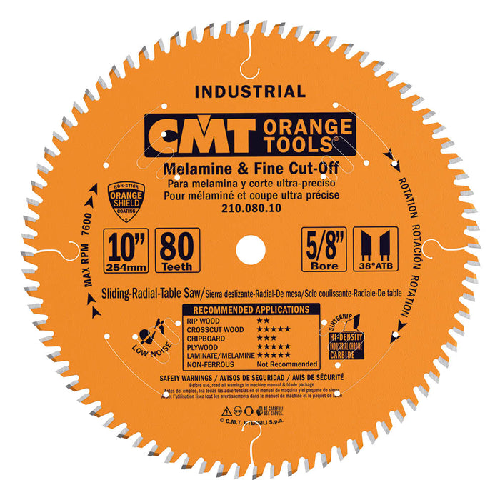 CMT Industrial PTFE Coated 10” Carbide Ultra Finish Crosscut Saw Blade, 80 Teeth, High Alternate Grind (HiATB) ,  0.126” Kerf 210.080.10