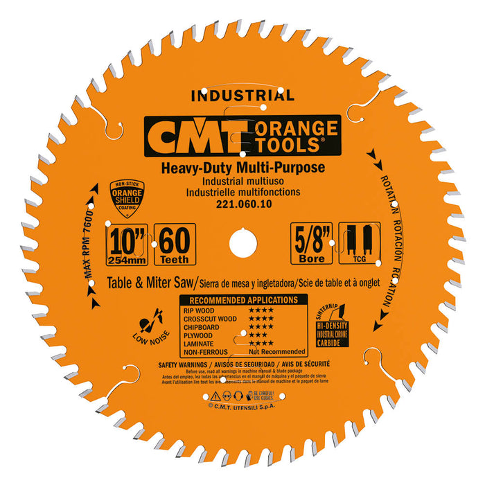 CMT Industrial PTFE Coated 10” Carbide Crosscut Saw Blade, 60 Teeth, Triple Chip Grind (TCG) ,  0.126” Kerf 221.060.10