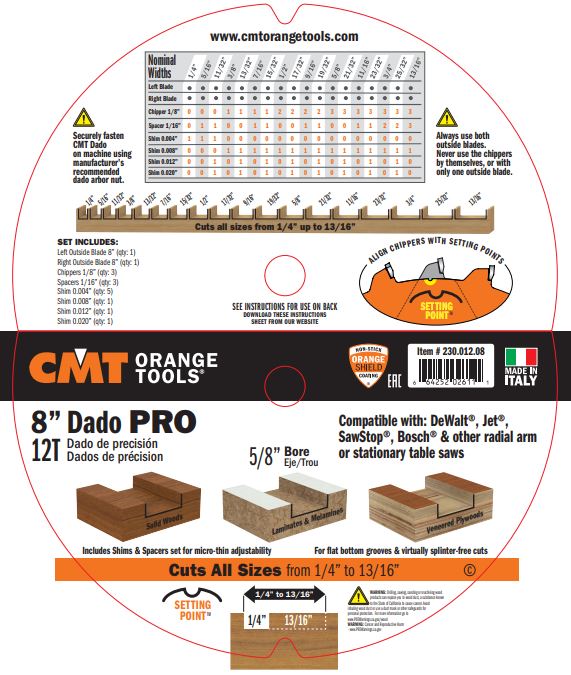 CMT Orange 8" Precision Dado Blade Set, 12 teeth, FTG+ATB grind 0.125" Kerf 230.012.08