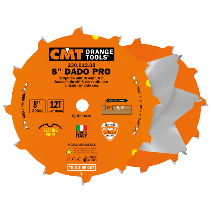 CMT Orange 8" Precision Dado Blade Set, 12 teeth, FTG+ATB grind 0.125" Kerf 230.012.08