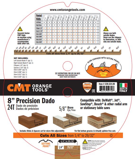CMT Orange 8" Precision Dado Blade Set, 24 teeth, FTG + ATB grind 230.524.08
