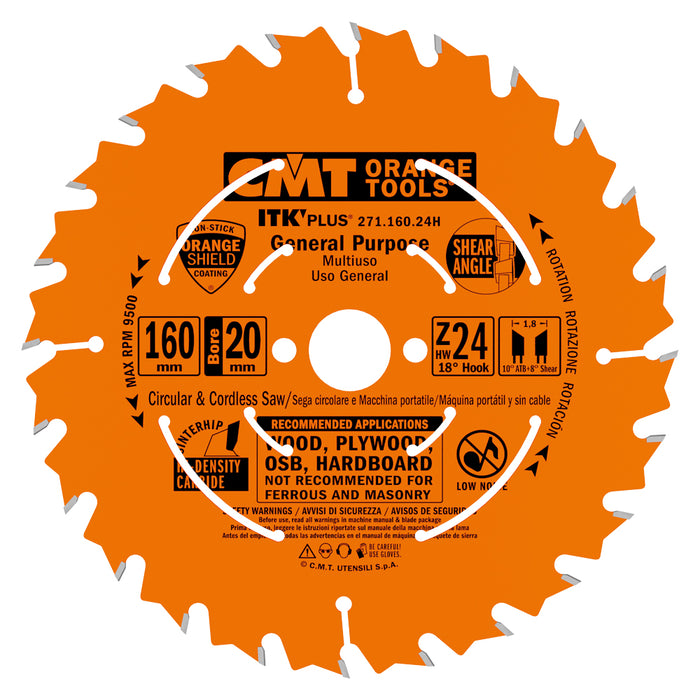 CMT ITK PLUS Track Saw Blade (compatible with Festool), 160mm, 24 Teeth, 20mm Arbor, Alternate Top Bevel (ATB) Grind , PTFE Coated 271.160.24H