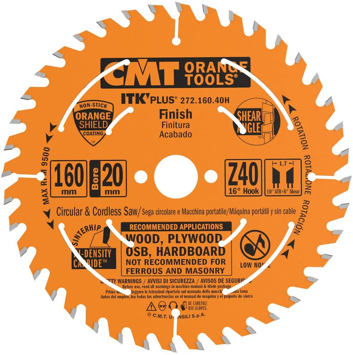 CMT ITK PLUS Track Saw Blade (compatible with Festool), 160mm, 40 Teeth, 20mm Arbor, Alternate Top Bevel (ATB) Grind , PTFE Coated 272.160.40H
