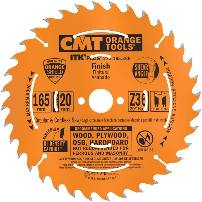 CMT ITK PLUS Track Saw Blade (compatible w/ Makita, Dewalt, Triton), 165mm, 36 Teeth, 20mm Arbor, Alternate Top Bevel (ATB) Grind, 272.165.36H