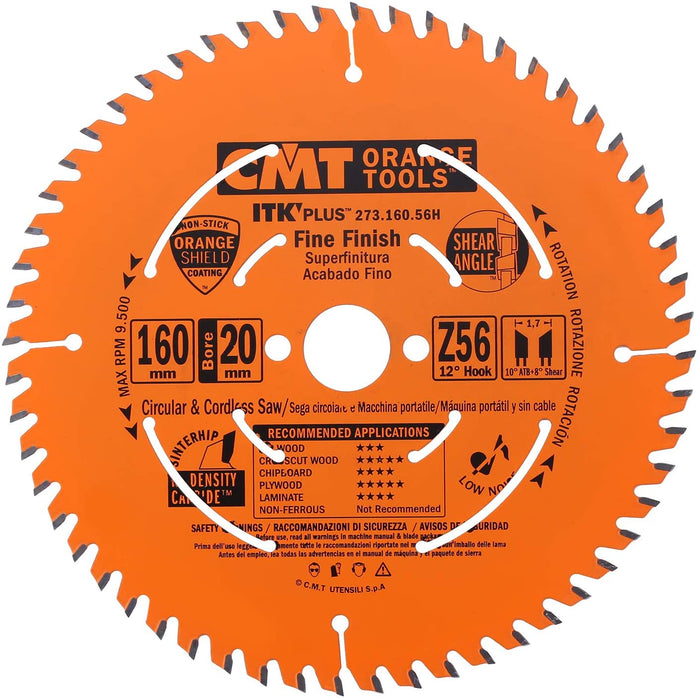 CMT ITK PLUS Track Saw Blade (compatible with Festool), 160mm, 56 Teeth, 20mm Arbor, Alternate Top Bevel (ATB) Grind , PTFE Coated 273.160.56H
