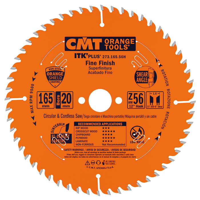 CMT ITK PLUS Track Saw Blade (compatible w/ Makita, Dewalt, Triton), 165mm, 56 Teeth, 20mm Arbor, Alternate Top Bevel (ATB) Grind, 273.165.56H