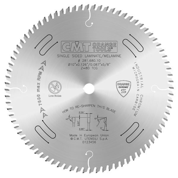 CMT Orange Chrome Carbide Full Kerf 10” Single-Sided Laminate / Melamine Crosscutting Blade, 80 Teeth, Triple Chip Grind (TCG), 0.126” Kerf 281.680.10